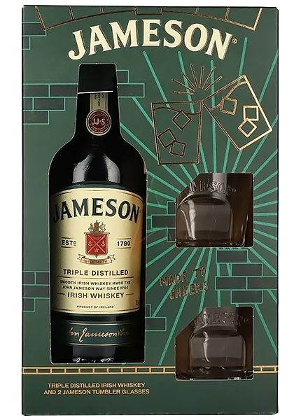 Подарунковий набір віскі Jameson Irish Whiskey 0.7л + 2 склянки