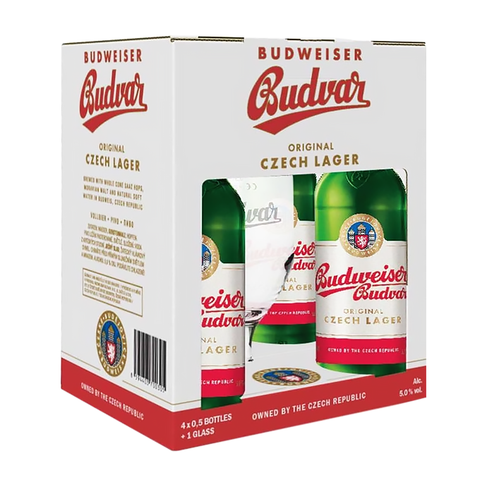 Набір пива Budweiser Budvar Original 0.5л х 4шт + келих 0.33л