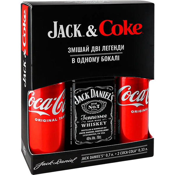 Подарунковий набір віскі Jack Daniel's Old No.7 0.7л + Coca-Cola 0.33л x 2шт