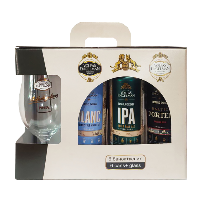 Подарунковий набір пива Volfas Engelman 0.568л x 6шт + келих 0.568л